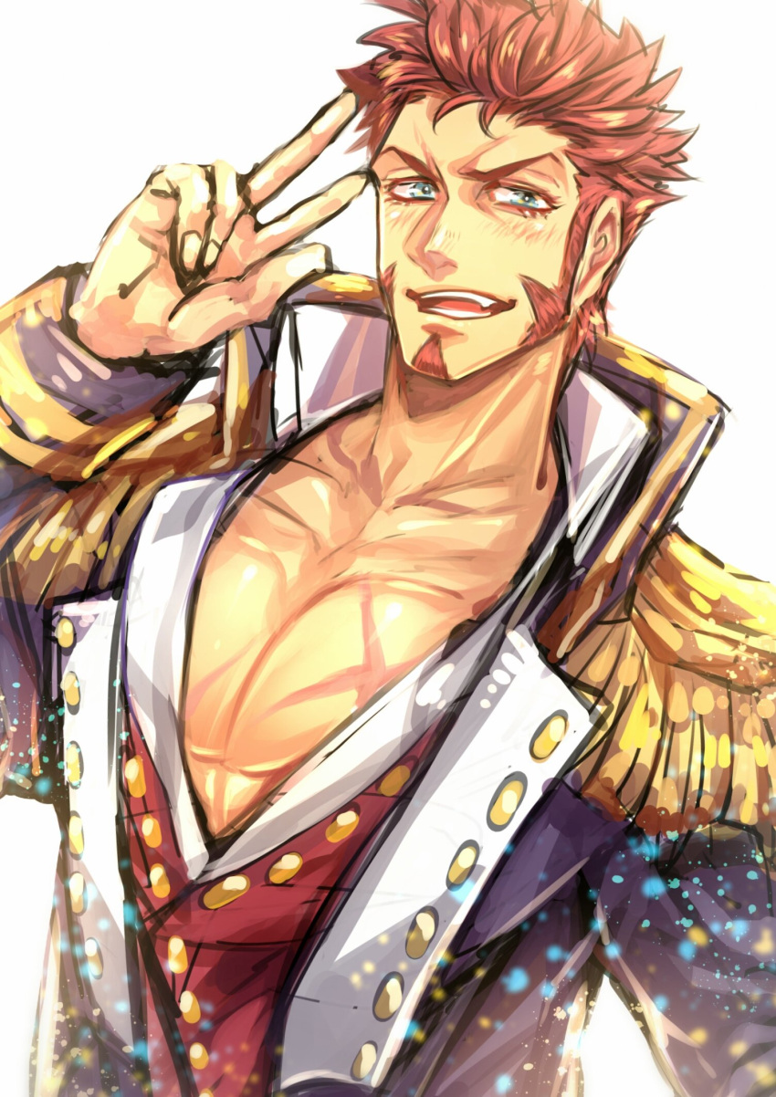 1boy beard blue_eyes blush brown_hair chest facial_hair fate/grand_order fate_(series) highres jacket long_sleeves looking_at_viewer male_focus muscle napoleon_bonaparte_(fate/grand_order) open_clothes open_jacket smile solo uniform upper_body v white_background zuman_(zmnjo1440)