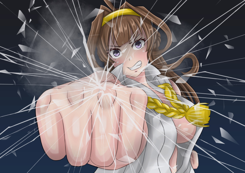 1girl ahoge blush breasts broken_glass brown_hair clenched_hand double_bun fourth_wall glass hairband kantai_collection kongou_(kantai_collection) long_hair medium_breasts nov_(oh1560519) punching punching_at_viewer shaded_face violet_eyes