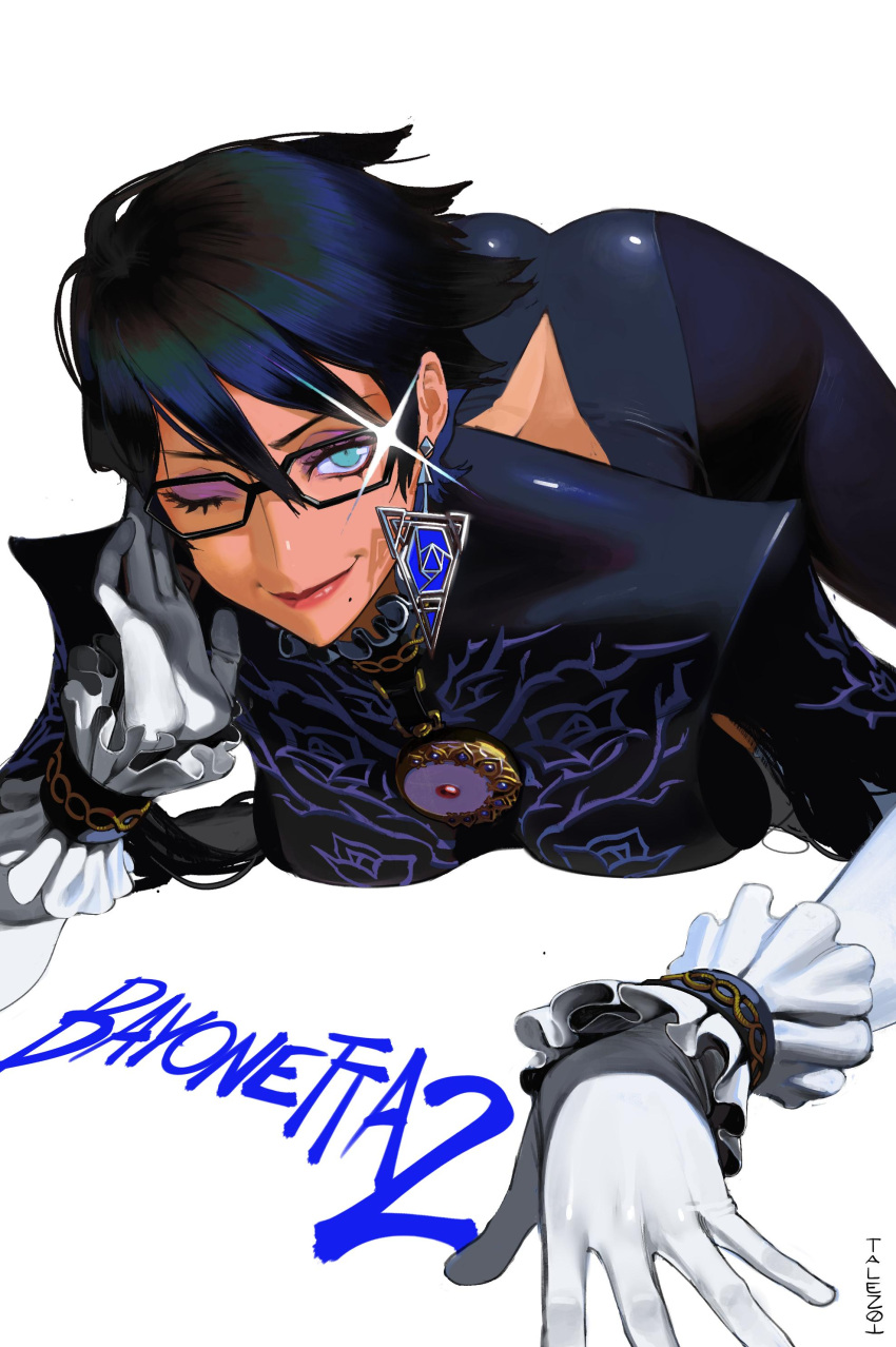 1girl absurdres adjusting_eyewear artist_name ass bayonetta bayonetta_(character) bayonetta_2 black_hair blue_eyes blush bodysuit breasts earrings elbow_gloves eyelashes eyeliner eyeshadow glasses gloves highres jewelry large_breasts lips lipstick looking_at_viewer lying makeup mole mole_under_mouth on_stomach one_eye_closed short_hair simple_background smile solo talez01