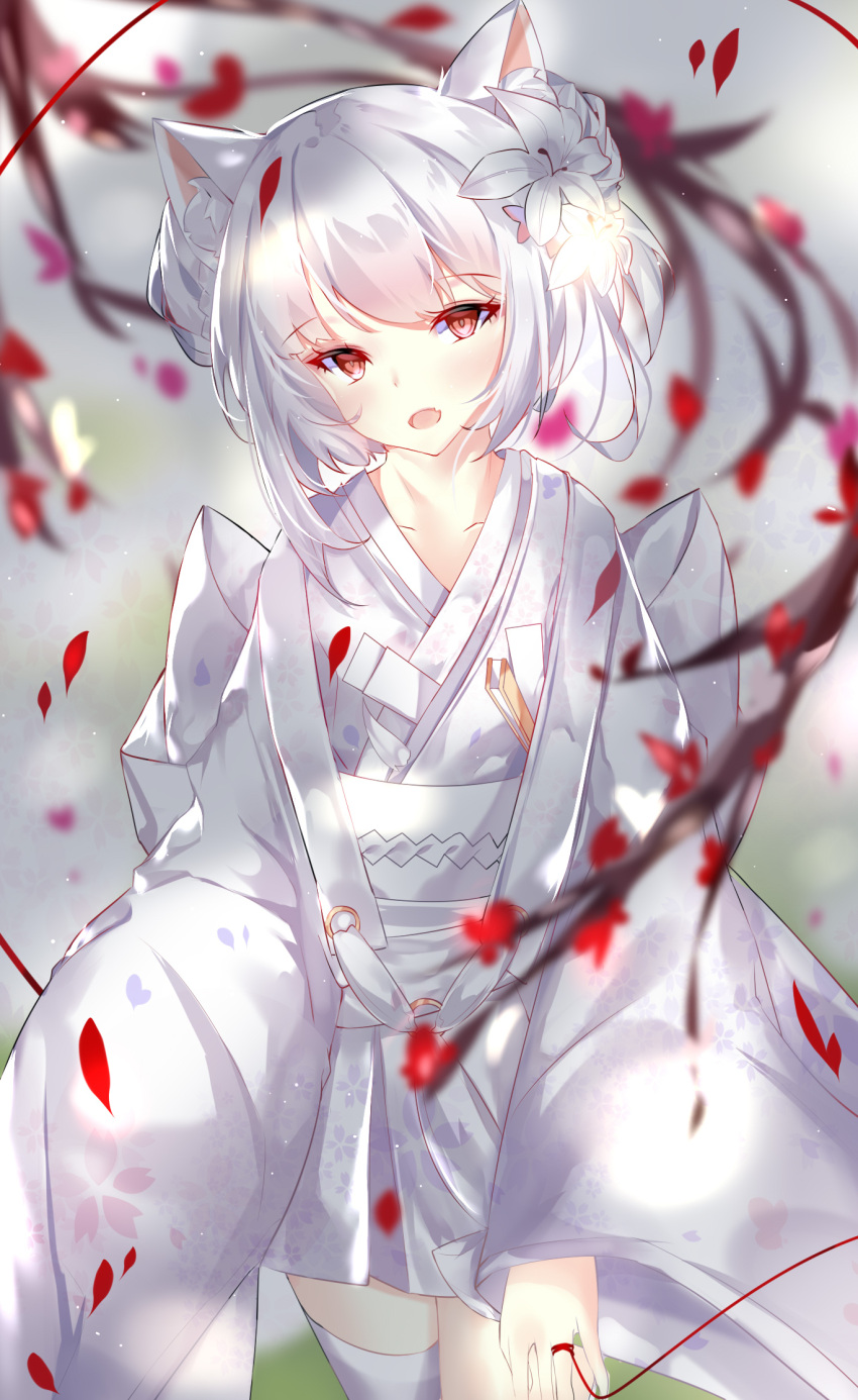 1girl alternate_hairstyle animal_ear_fluff animal_ears azur_lane bangs bow bride cat_ears dress fang flower hair_flower hair_ornament highres japanese_clothes kimono long_hair long_sleeves red_eyes red_string silver_hair solo string thigh-highs wedding_dress white_kimono wide_sleeves yukikaze_(azur_lane) yukikaze_(spring's_warmth)_(azur_lane)