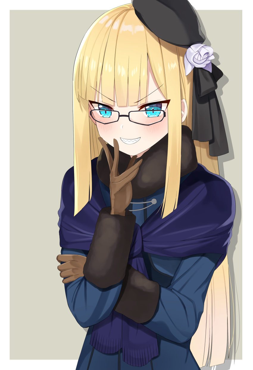 1girl absurdres bangs blonde_hair blue_eyes blush brown_background brown_gloves commentary_request eyebrows_visible_through_hair fate/grand_order fate_(series) flower glasses gloves hair_flower hair_ornament hat highres long_hair long_sleeves looking_at_viewer lord_el-melloi_ii_case_files reines_el-melloi_archisorte sharp_teeth simple_background smile solo teeth tyoko_tanuki16 v-shaped_eyebrows white_flower