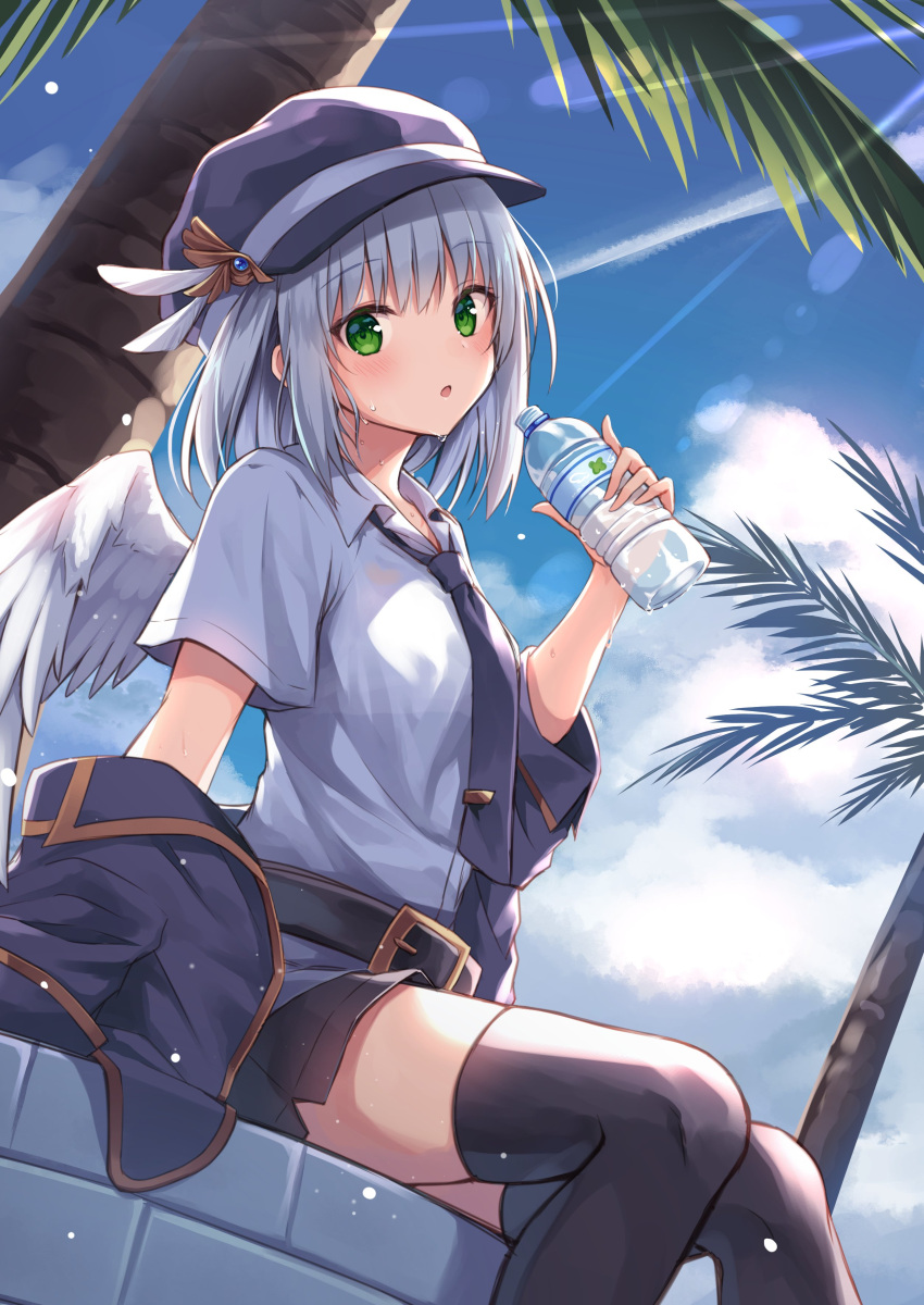 1girl :o absurdres angel_wings bangs belt black_legwear blue_neckwear blue_shorts blush bottle clouds coat coat_removed collared_shirt day eyebrows_visible_through_hair feet_out_of_frame green_eyes grey_hair hair_between_eyes hat hat_ornament highres holding kure~pu light_rays looking_at_viewer medium_hair necktie open_mouth original oshirase-chan_(kure~pu) outdoors palm_tree shirt short_sleeves shorts sitting sky sunlight sweat thigh-highs tree water_bottle white_shirt white_wings wings