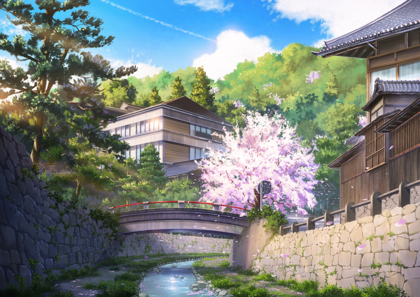 blue_sky bridge building canal cherry_blossoms clouds cloudy_sky condensation_trail day fence grass highres house japan leaf leaves_in_wind light_rays niko_p no_humans original outdoors petals rock scenery sky sunbeam sunlight tile_roof tree water
