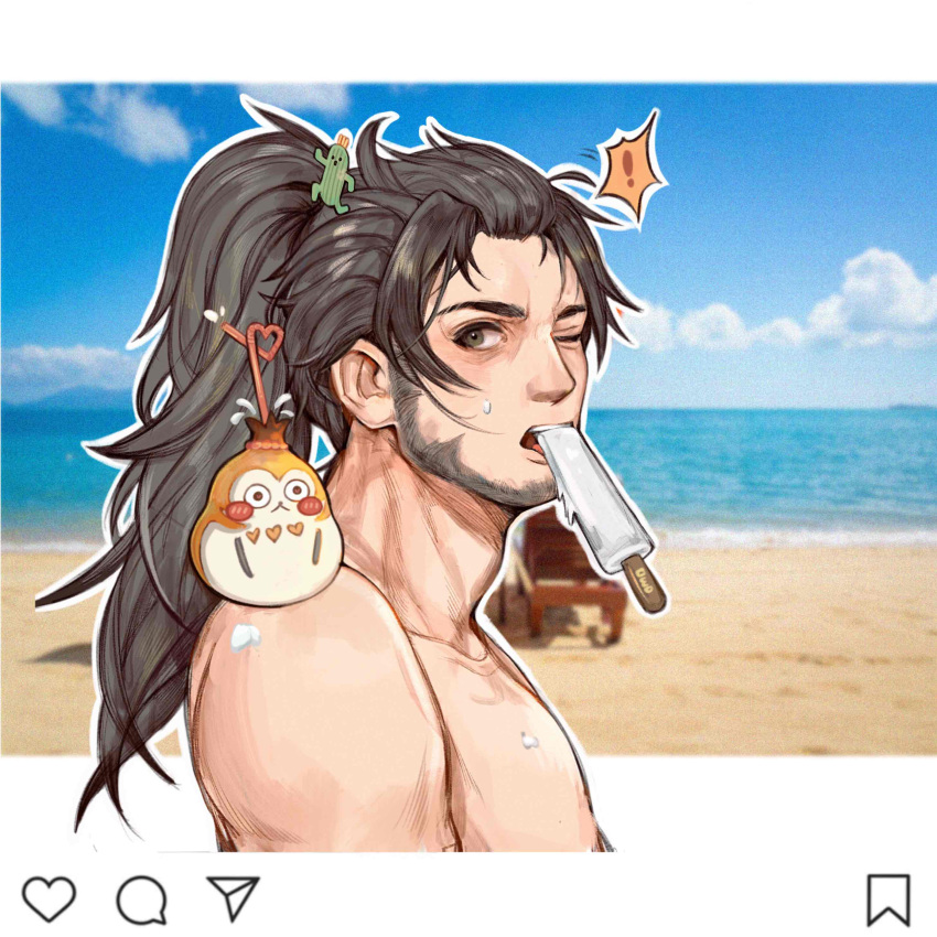 ! 1boy absurdres beach beard black_hair caratora chest collarbone day drinking_straw facial_hair final_fantasy final_fantasy_xiv food from_side gourd grey_eyes hair_ornament hair_slicked_back hien_(ffxiv) high_ponytail highres holding holding_food long_hair looking_at_viewer looking_to_the_side male_focus nude ocean one_eye_closed open_mouth outdoors ponytail popsicle sand solo surprised teeth_hold upper_body user_interface water