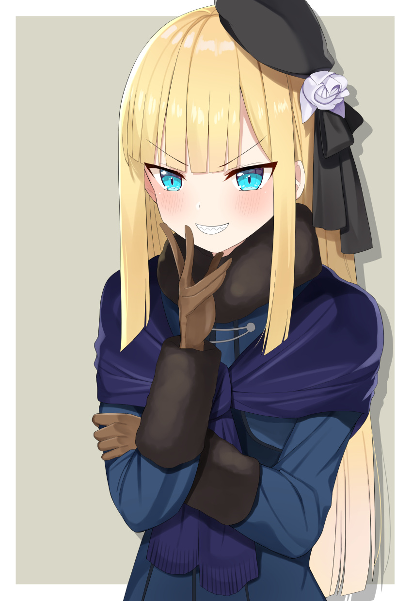 1girl absurdres bangs blonde_hair blue_eyes blush brown_background brown_gloves commentary_request eyebrows_visible_through_hair fate/grand_order fate_(series) flower gloves grin hair_flower hair_ornament hat highres long_hair long_sleeves looking_at_viewer lord_el-melloi_ii_case_files reines_el-melloi_archisorte sharp_teeth simple_background smile solo teeth tyoko_tanuki16 v-shaped_eyebrows white_flower