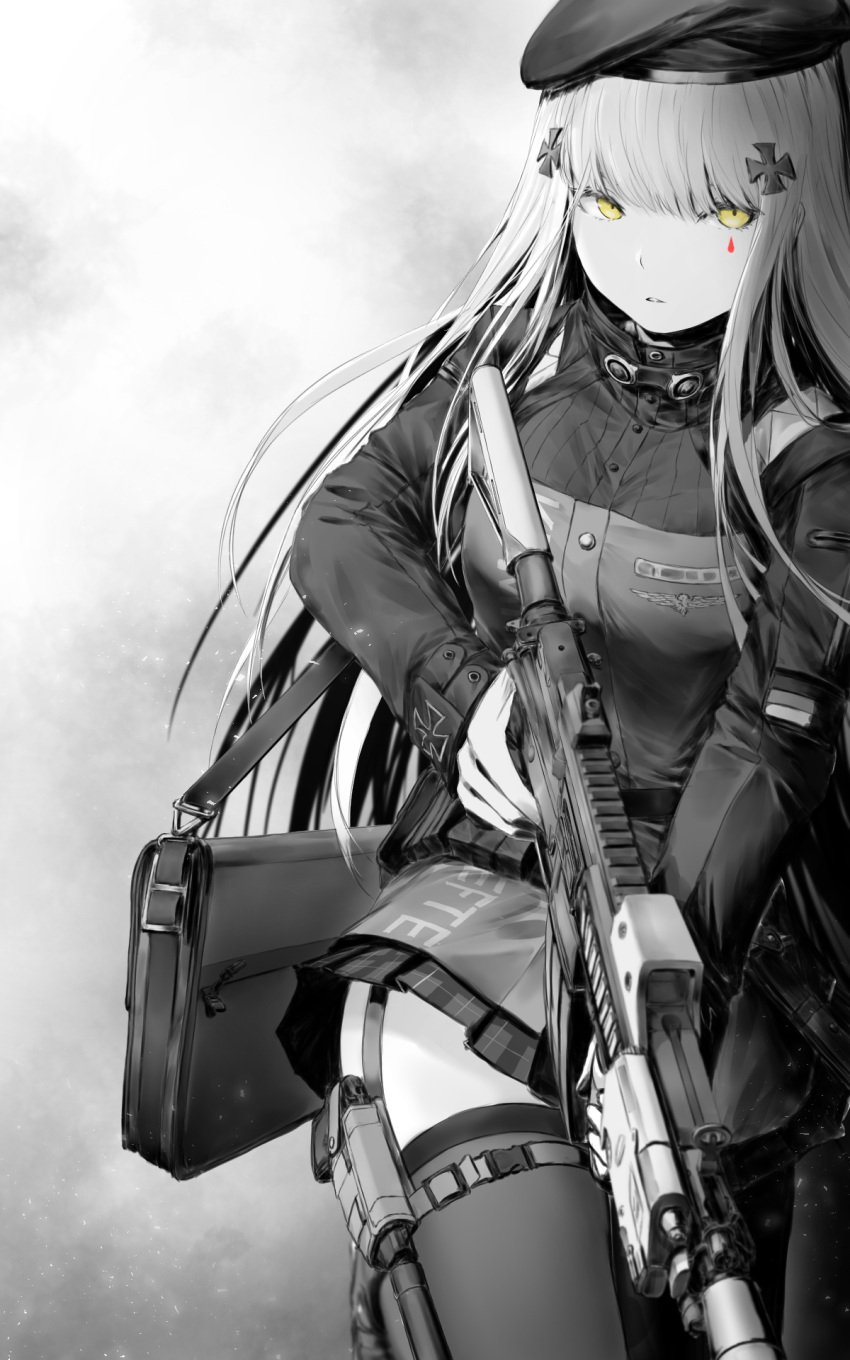 1girl assault_rifle bag bangs belt belt_pouch beret black_legwear blunt_bangs breasts clothes_writing commentary eyebrows facial_mark german_flag girls_frontline gloves green_eyes greyscale gun guten h&amp;k_hk416 hair_ornament handbag handgun hat heckler_&amp;_koch highres hk416_(girls_frontline) holding holding_weapon holster iron_cross long_hair looking_at_viewer magazine_(weapon) magpul medium_breasts military_jacket monochrome open_mouth plaid plaid_skirt pleated_skirt pouch rifle sidelocks silver_hair skirt solo suppressor thigh-highs tsurime very_long_hair weapon