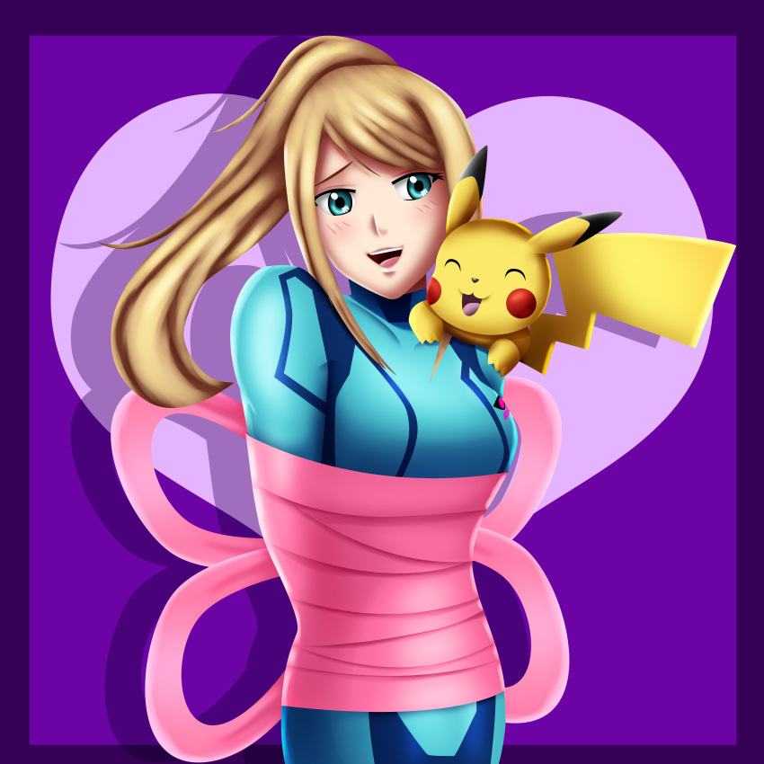 1girl 1other arms_behind_back blonde_hair blue_eyes blush creatures_(company) crossover deviantart game_freak gen_1_pokemon happy human metroid mouse nintendo nintendo_ead olm_digital open_mouth pikachu plugsuit pokemon ponytail retro_studios ribbon ribbons samus_aran sincity2100 sora_(company) super_smash_bros. super_smash_bros_brawl tail tied_up zero_suit