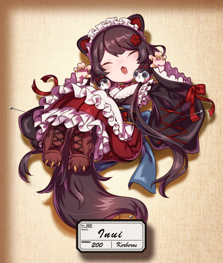 1girl animal_ears bangs black_hair blush boots chaki_(teasets) character_name chibi claw_pose closed_eyes commentary cross-laced_footwear dog_ears dog_girl dog_hair_ornament fingernails flower frills full_body hair_flower hair_ornament highres inui_toko japanese_clothes kimono lace-up_boots long_hair long_sleeves maid_headdress nijisanji open_mouth sharp_fingernails sleeves_past_wrists solo very_long_hair virtual_youtuber wa_maid wide_sleeves yellow_nails