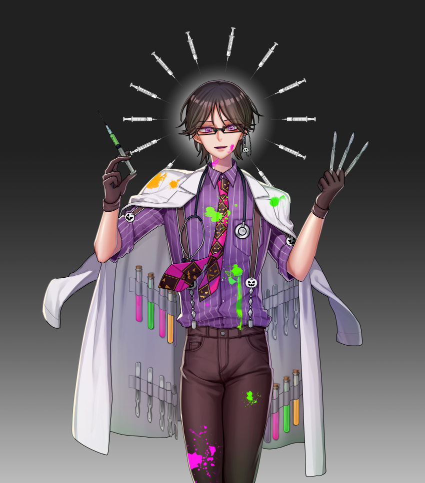 1boy absurdres alternate_costume band_yarouze! black-framed_eyewear black_gloves black_hair black_pants coat dual_wielding earrings glasses gloves grey_background hazelgaeam highres holding jewelry kurusu_makoto labcoat looking_at_viewer male_focus medium_hair necktie open_clothes open_coat paint paint_on_face paint_splatter pants pink_neckwear print_neckwear purple_shirt scalpel shirt solo stethoscope striped striped_shirt syringe vial violet_eyes