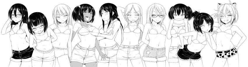 6+girls :&lt; :d ;) ahoge animal_ear_fluff animal_ears arm_at_side arm_behind_head armpits arms_behind_back bangs bare_arms bare_shoulders belt bikini_top blunt_bangs blush bow bow_panties breast_squeeze breasts commentary_request contrapposto cowboy_shot crossed_arms cutoffs eyebrows_visible_through_hair fang flat_chest frown fur-trimmed_shorts glasses greyscale grin hair_between_eyes hair_bobbles hair_ornament hand_in_hair hand_on_hip hand_up hands_up highres large_breasts leaning_forward long_hair long_image looking_at_viewer looking_away micro_shorts monochrome multiple_girls navel no_shirt noise_(tsuzuki) one_eye_closed open_mouth oppai_loli original panties parted_bangs parted_lips ponytail print_shorts sanpaku scarf short_hair short_ponytail short_shorts short_twintails shorts sidelocks simple_background small_breasts smile star sweat sweatdrop tan tanline teeth thick_eyebrows twintails underwear v-shaped_eyebrows v_over_eye wavy_mouth wide_image