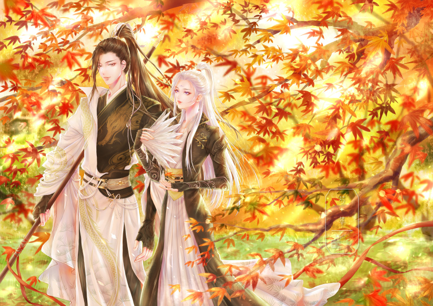 1boy 1girl absurdres autumn_leaves black_gloves brown_hair chinese_clothes day dragon_print facial_mark feather_fan fingerless_gloves forehead_mark gloves grass highres holding holding_staff huge_filesize long_hair official_art outdoors ponytail smile staff standing very_long_hair watermark white_hair yujan_nishui_han