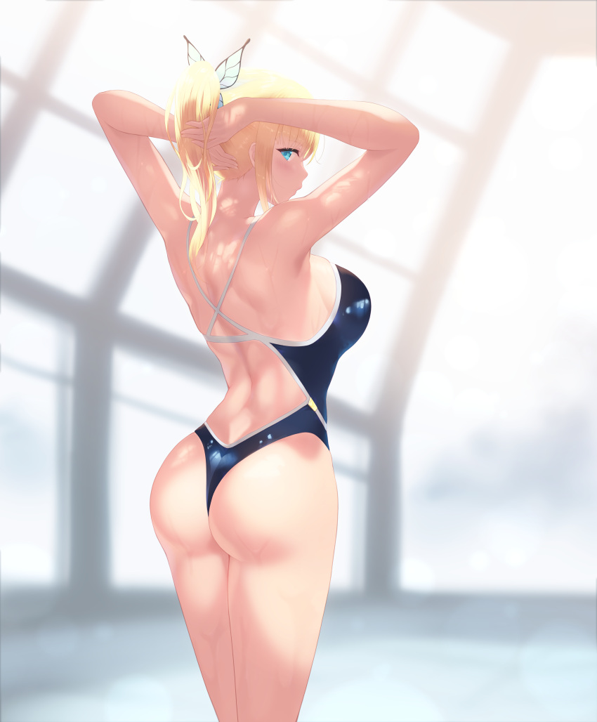 1girl absurdres arms_behind_head ass back bangs bare_shoulders blonde_hair blue_eyes blue_swimsuit blurry blurry_background blush boku_wa_tomodachi_ga_sukunai breasts bug butterfly butterfly_hair_ornament cait competition_swimsuit cowboy_shot hair_ornament highres indoors insect kashiwazaki_sena large_breasts long_hair looking_at_viewer looking_back one-piece_swimsuit paid_reward patreon_reward ponytail poolside shoulder_blades sidelocks solo swimsuit wet