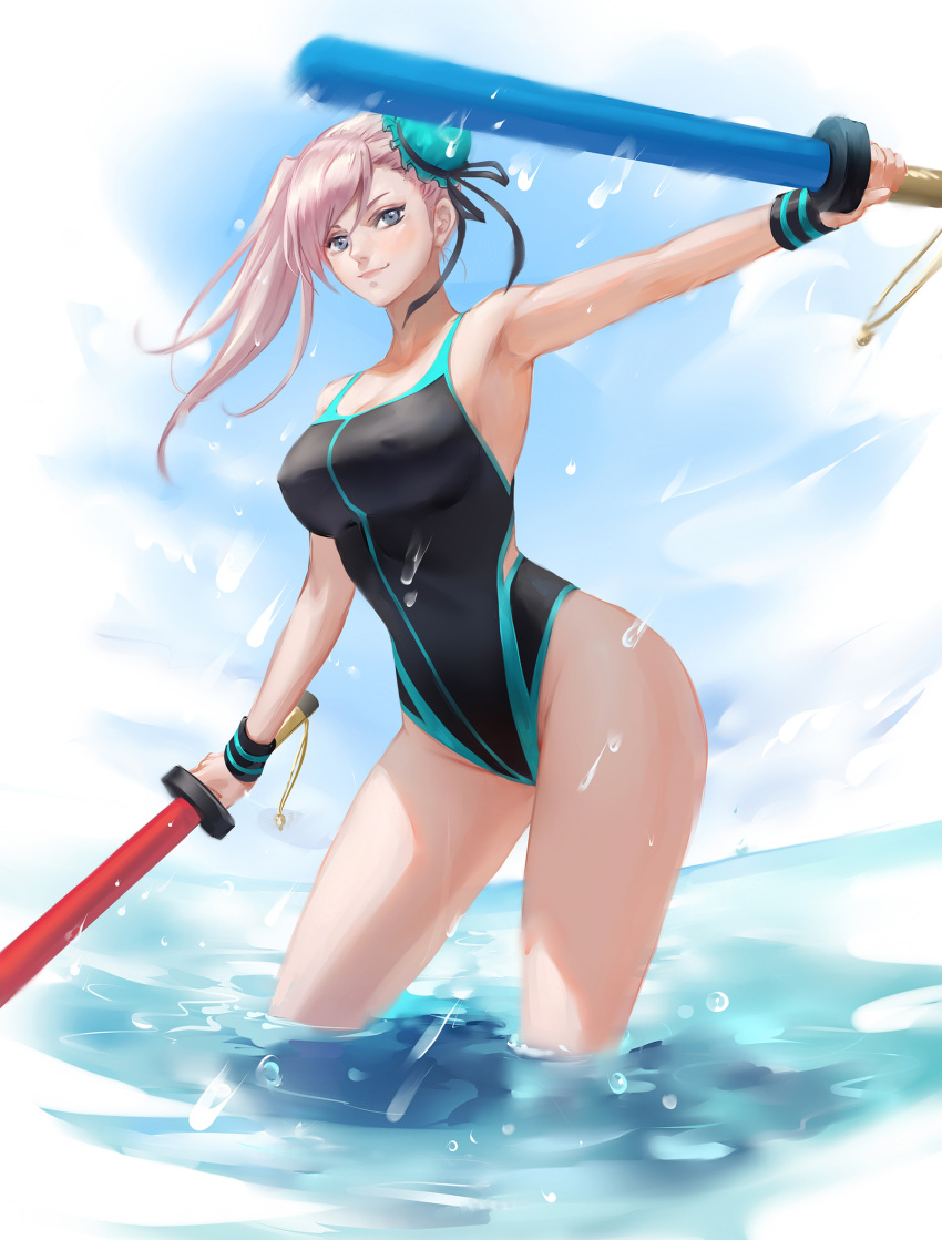 1girl arm_up armpits bangs bare_hips bare_shoulders black_ribbon black_swimsuit blue_sky blush breasts bun_cover chuby_mi closed_mouth clouds collarbone commentary competition_swimsuit contrapposto day dual_wielding fate/grand_order fate_(series) frills highres holding horizon large_breasts long_hair looking_at_viewer miyamoto_musashi_(fate/grand_order) ocean one-piece_swimsuit out_of_frame red_lips ribbon side_ponytail sky smile solo splashing standing sweatband swept_bangs swimsuit violet_eyes wading water