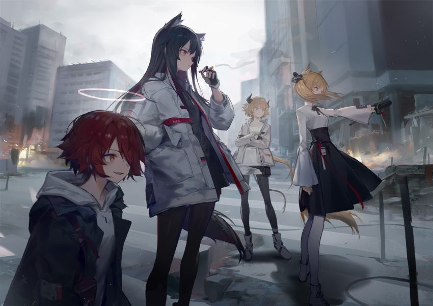 4girls animal_ear_fluff animal_ears arknights bangs black_gloves black_hair black_legwear black_skirt blonde_hair boots breasts building cigarette city clouds cloudy_sky commentary_request croissant_(arknights) crossed_arms exusiai_(arknights) fingerless_gloves fire gloves grey_hoodie hair_over_one_eye halo hand_in_pocket high-waist_skirt holding holding_cigarette holding_sword holding_weapon hood hood_down hooded_jacket hoodie horns huanxiang_heitu jacket long_hair long_sleeves multiple_girls open_clothes open_jacket open_mouth outdoors outstretched_arm pantyhose pleated_skirt red_eyes redhead shirt short_hair short_shorts shorts skirt sky skyscraper smoke smoking sora_(arknights) standing sword tail texas_(arknights) twintails weapon white_footwear white_jacket white_legwear white_shirt white_shorts