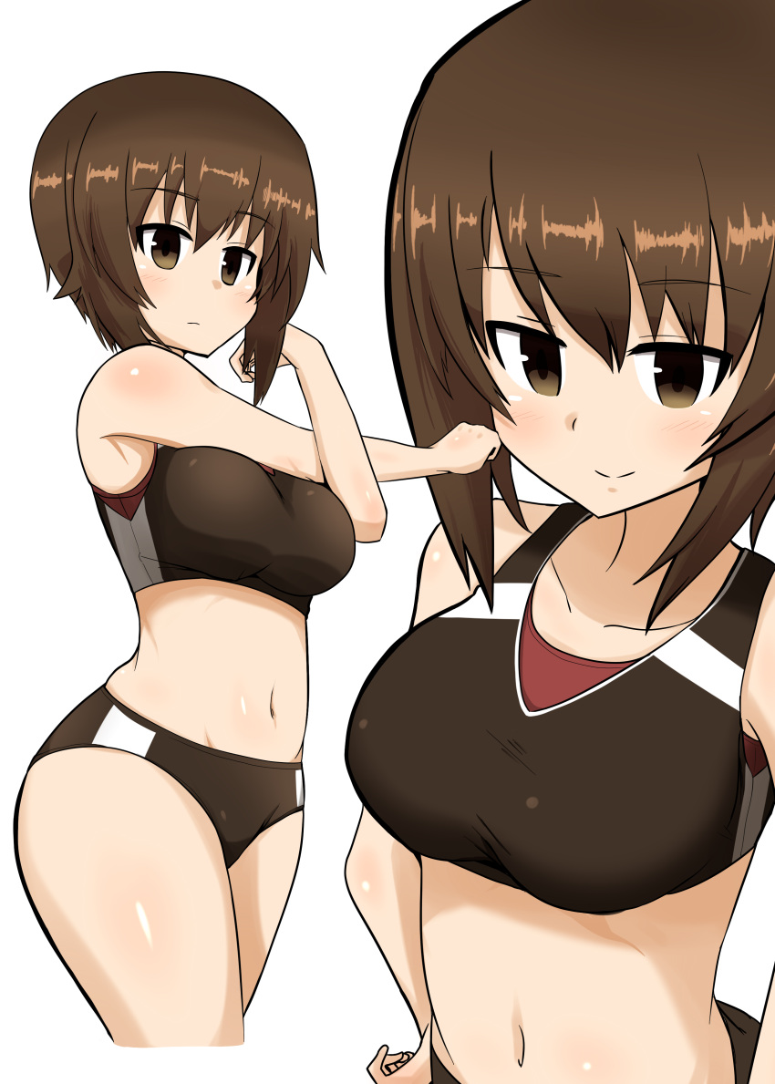 1girl absurdres bangs black_buruma black_sports_bra brown_eyes brown_hair buruma closed_mouth commentary cropped_legs eyebrows_visible_through_hair girls_und_panzer hands_on_hips highres kumo_(atm) light_blush light_frown looking_at_viewer navel nishizumi_maho short_hair simple_background solo sports_bikini sports_bra standing stretch thighs white_background