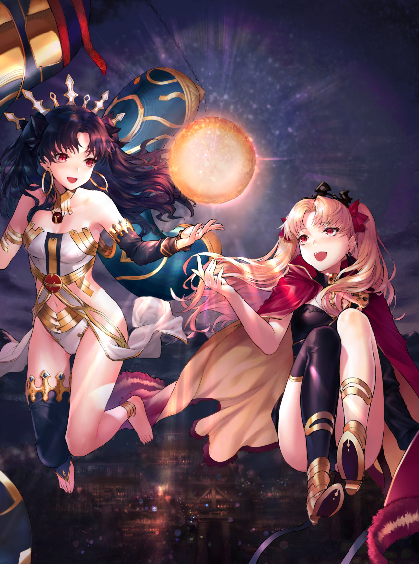2girls absurdres bare_shoulders barefoot black_hair black_legwear blonde_hair blush bow breasts cape earrings ereshkigal_(fate/grand_order) fate/grand_order fate_(series) gloves hair_bow hair_ornament high_heels highres ishtar_(fate/grand_order) jewelry leon_v long_hair looking_at_another looking_at_viewer multiple_girls navel red_eyes single_glove single_sleeve single_thighhigh small_breasts smile thigh-highs thighs tiara twintails