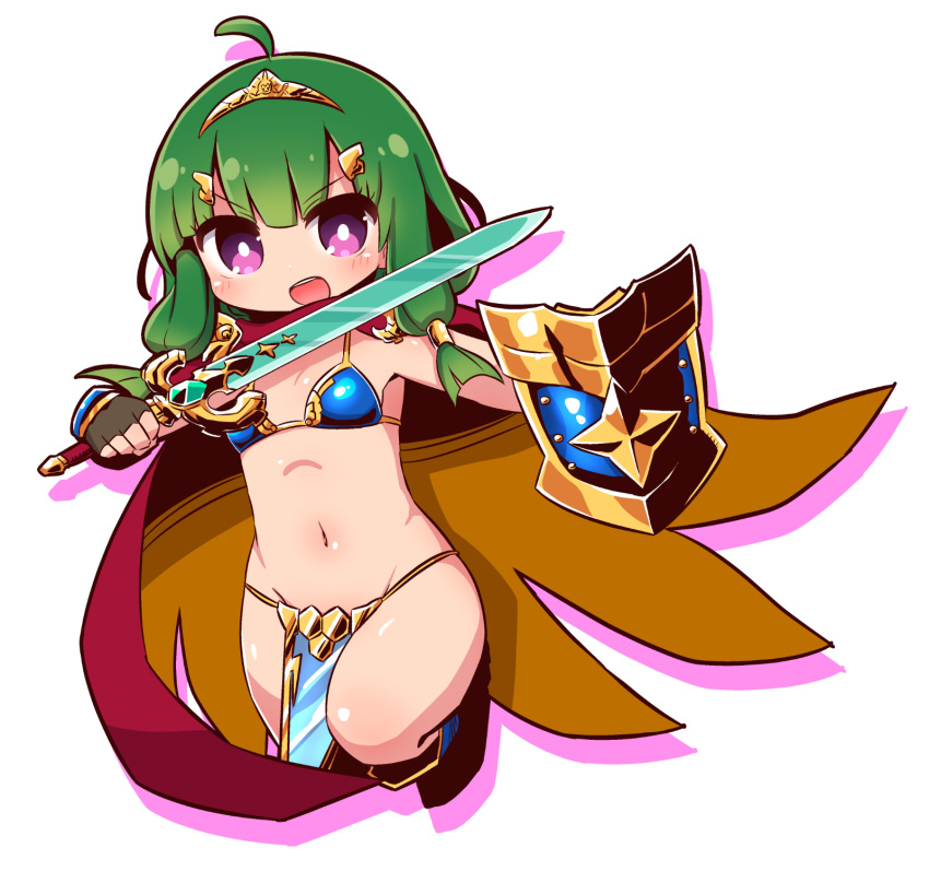 1girl :d ahoge armor bare_shoulders bikini_armor blue_footwear blush boots breasts brown_cape cape colored_shadow commentary_request drop_shadow fingerless_gloves full_body gloves green_hair grey_gloves groin hair_ornament hairclip hero_(sekaiju) highres holding holding_sword holding_weapon knee_boots long_hair multicolored multicolored_cape multicolored_clothes naga_u navel open_mouth pelvic_curtain red_cape sekaiju_no_meikyuu sekaiju_no_meikyuu_x shadow shield sidelocks small_breasts smile solo sword tiara upper_teeth v-shaped_eyebrows violet_eyes weapon white_background