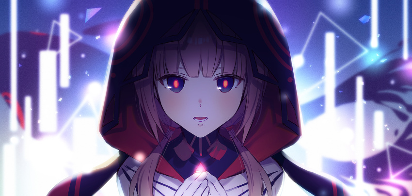 1girl bangs blue_eyes blurry blurry_background blush depth_of_field eyebrows_behind_hair fuji_fujino gloves hair_over_shoulder hands_together hands_up highres hood hood_up hooded_jacket jacket kaf long_hair long_sleeves looking_at_viewer low_twintails lower_teeth multicolored multicolored_eyes open_mouth own_hands_together pink_hair red_eyes solo twintails upper_body virtual_kaf virtual_youtuber white_gloves yellow_eyes