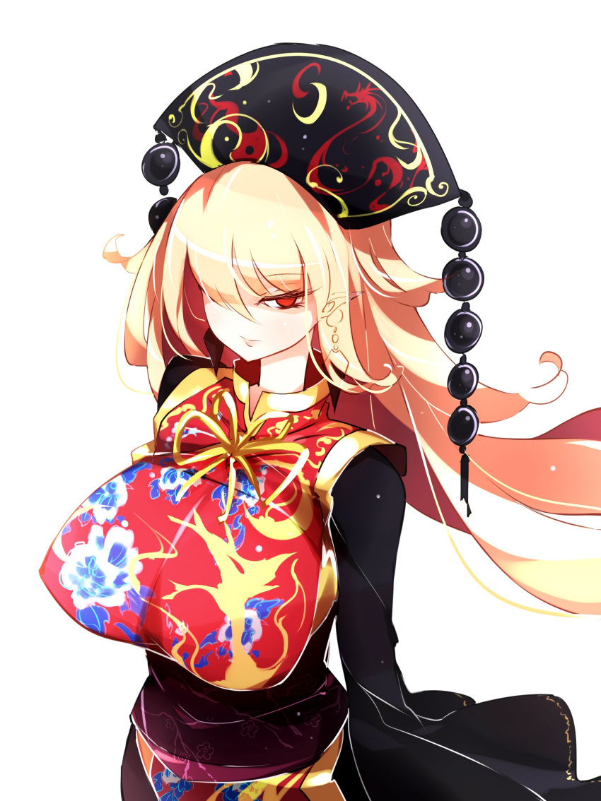 1girl absurdres bangs black_dress blonde_hair breasts commentary dress earrings eyebrows_visible_through_hair floral_print hair_over_one_eye headdress highres jewelry junko_(touhou) large_breasts long_hair long_sleeves looking_at_viewer neck_ribbon pointy_ears purple_sash raptor7 red_eyes ribbon sash simple_background solo tabard tassel touhou upper_body white_background wide_sleeves yellow_neckwear yellow_ribbon