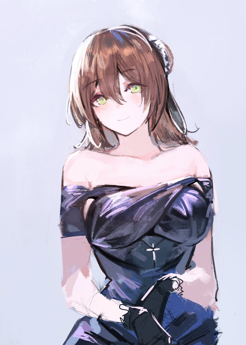 1girl alternate_costume bangs bare_shoulders black_gloves blue_dress blush breasts brown_hair closed_mouth collarbone commentary_request cross dress eyebrows_visible_through_hair girls_frontline gloves green_eyes hair_between_eyes highres irikawa large_breasts long_hair looking_at_viewer m1903_springfield_(girls_frontline) off-shoulder_dress off_shoulder sidelocks sketch smile upper_body