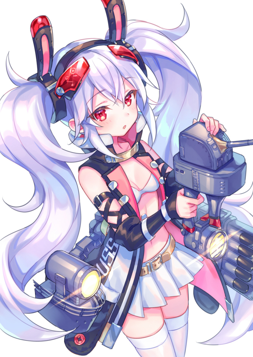 1girl animal_ears azur_lane black_hairband fake_animal_ears fur-trimmed_jacket fur_trim hairband highres jacket laffey_(azur_lane) open_clothes open_jacket pink_jacket rabbit_ears red_eyes retrofit_(azur_lane) rigging silver_hair skirt sleeveless_coat solo thigh-highs twintails white_bikini_top white_hair white_legwear white_skirt zettai_ryouiki zoff_(daria)