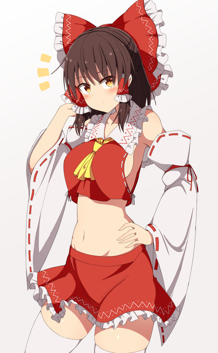 1girl absurdres arm_ribbon ascot bangs bare_shoulders black_hair blush bow breasts brown_eyes cowboy_shot crop_top detached_sleeves eyebrows_visible_through_hair frilled_bow frills grey_background groin hair_between_eyes hair_bow hair_tubes hakurei_reimu hand_in_hair hand_on_hip hand_up highres large_breasts long_sleeves looking_at_viewer midriff miniskirt navel petticoat red_bow red_ribbon red_skirt ribbon ribbon-trimmed_sleeves ribbon_trim short_hair sideboob sidelocks simple_background skirt skirt_set solo standing stomach taki_sandstone thigh-highs thighs touhou white_legwear wide_sleeves yellow_neckwear zettai_ryouiki