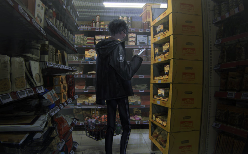 1boy basket black_eyes black_hair black_hoodie black_legwear bottle can canned_food cellphone food highres holding holding_basket holding_phone hood hoodie indoors male_focus original package phone shopping shopping_basket smartphone snack solo teru2307