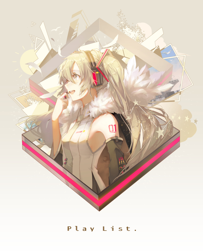 1girl animal bangs bare_shoulders bird black_sleeves breasts brown_background brown_eyes brown_hair commentary_request detached_sleeves english_text feathers gradient gradient_background grey_neckwear hair_between_eyes hair_ornament hand_up hatsune_miku headphones headset highres long_hair looking_away necktie open_mouth saihate_(d3) shirt sidelocks sleeveless sleeveless_shirt small_breasts solo star sun_(symbol) tie_clip twintails upper_teeth very_long_hair vocaloid white_background white_feathers white_shirt wide_sleeves