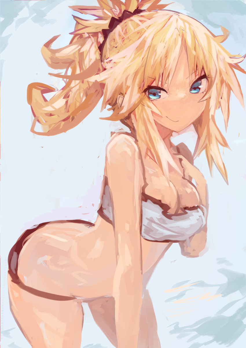 1girl absurdres aqua_eyes arched_back bandeau black_scrunchie blonde_hair blue_background breasts closed_mouth commentary_request cowboy_shot fate/apocrypha fate_(series) hair_ornament hair_scrunchie hand_on_own_chest high_ponytail highres kaamin_(mariarose753) leaning_forward long_hair looking_at_viewer medium_breasts mordred_(fate) mordred_(fate)_(all) ponytail scrunchie smirk solo standing tsurime v-shaped_eyebrows white_bandeau