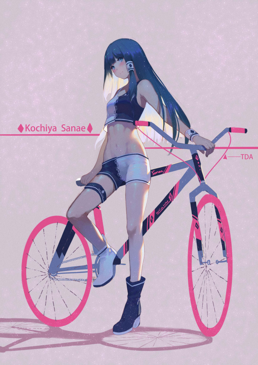 1girl absurdres alternate_costume alternate_hair_color artist_name bangs bare_arms bare_legs bare_shoulders bicycle bike_shorts black_footwear black_shorts blue_eyes blue_hair blush boots breasts character_name chinese_commentary commentary_request crop_top eiroyi full_body groin ground_vehicle hair_tubes head_tilt highres kochiya_sanae long_hair looking_at_viewer midriff mismatched_footwear navel purple_background shadow short_shorts shorts sidelocks simple_background small_breasts solo standing standing_on_one_leg stomach tank_top thigh_strap thighs touhou white_footwear white_shorts wristband