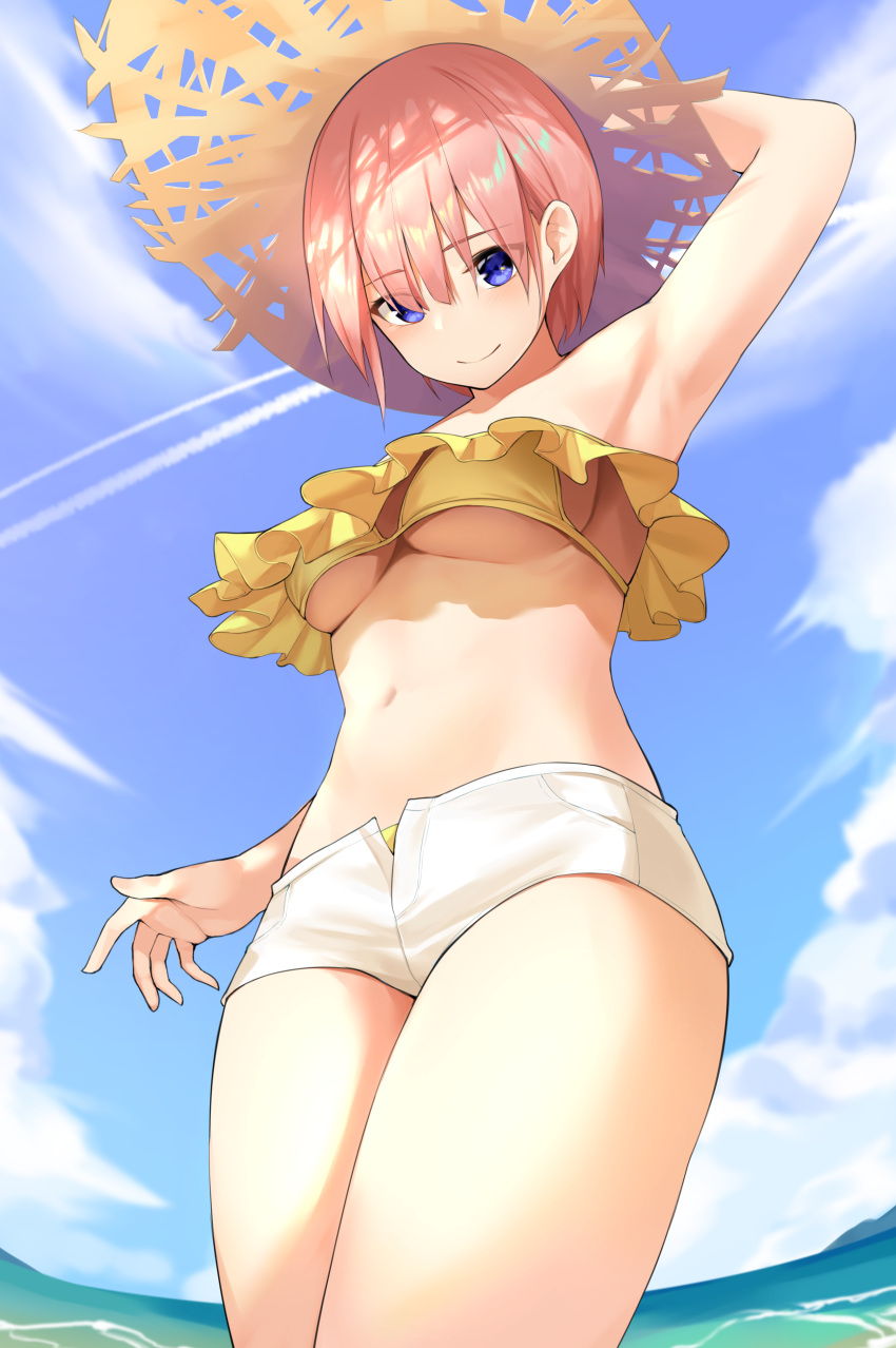 1girl absurdres arm_up armpits bare_arms bare_shoulders bikini blue_eyes blue_sky breasts clouds condensation_trail cowboy_shot day from_below go-toubun_no_hanayome hat highres looking_at_viewer medium_breasts nakano_ichika navel ocean open_fly outdoors pink_hair short_hair short_shorts shorts sky smile solo star741 stomach strapless strapless_bikini straw_hat swimsuit thighs under_boob white_shorts yellow_bikini