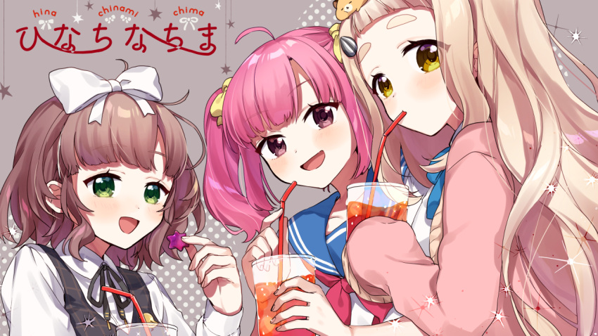 3girls :d achikita_chinami ahoge animal animal_on_head asuka_hina bendy_straw black_ribbon black_vest blue_sailor_collar blush bow brown_eyes brown_hair cardigan character_name collared_shirt cup disposable_cup drink drinking drinking_straw gonzalez_(machita_chima) green_eyes grey_background hair_bow hair_ornament hamster hand_up holding holding_cup light_brown_hair long_hair long_sleeves looking_at_viewer looking_to_the_side machita_chima multiple_girls neck_ribbon nijisanji on_head open_mouth pink_cardigan pink_hair ribbon sailor_collar school_uniform seed serafuku shirt sleeves_past_fingers sleeves_past_wrists smile sunflower_seed thick_eyebrows twintails upper_body very_long_hair vest virtual_youtuber white_bow white_shirt yamabukiiro yellow_bow yellow_eyes