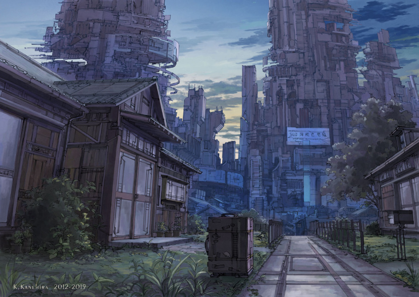 artist_name door graphite_(medium) grass house k_kanehira mailbox_(incoming_mail) no_humans original outdoors scenery sign suitcase sunrise traditional_media tree