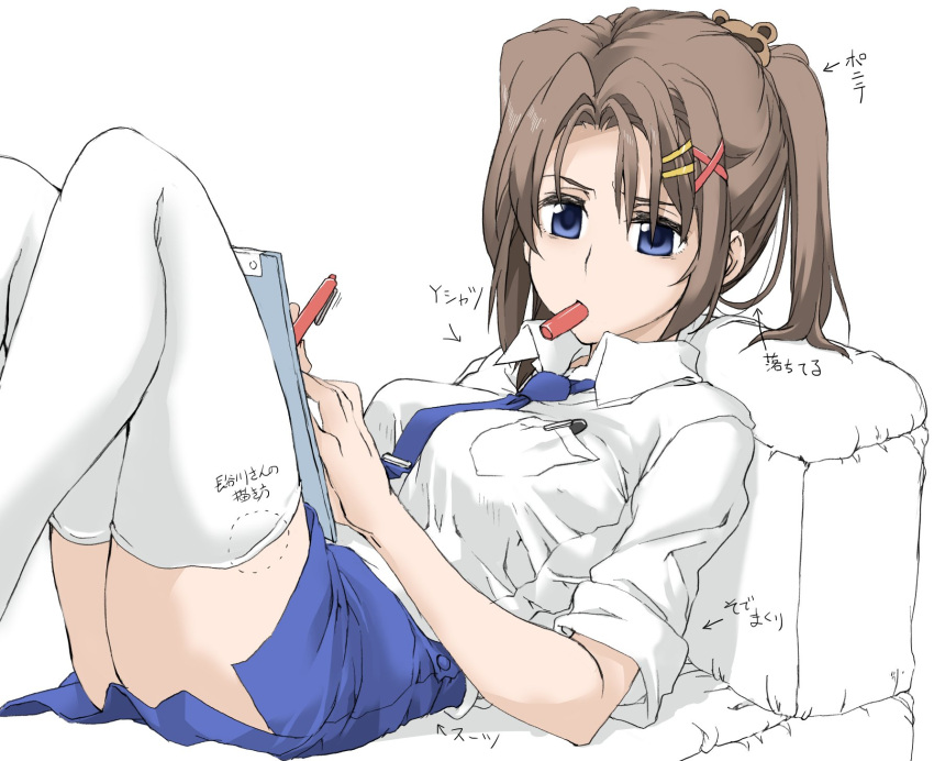 1girl blue_eyes blue_neckwear blue_skirt breasts brown_hair couch dress_shirt elf_(stroll_in_the_woods) hair_ornament highres lying lyrical_nanoha mahou_shoujo_lyrical_nanoha_strikers medium_breasts mouth_hold necktie on_back on_couch pen pen_in_pocket pencil_skirt ponytail shirt skirt solo thigh-highs thighs translated white_legwear x_hair_ornament yagami_hayate