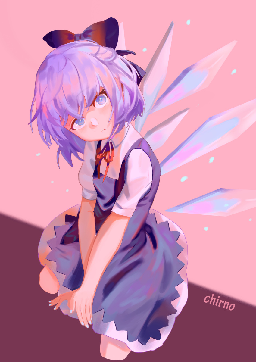 1girl absurdres bangs blue_bow blue_dress blue_eyes blue_hair blue_nails bow character_name cirno commentary dress eyebrows_visible_through_hair hair_bow head_tilt highres ice ice_wings kneeling looking_at_viewer nail_polish neck_ribbon pinafore_dress pink_background puffy_short_sleeves puffy_sleeves red_neckwear red_ribbon ribbon shirt short_hair short_sleeves solo touhou two-tone_background v_arms vinkyfre white_shirt wings