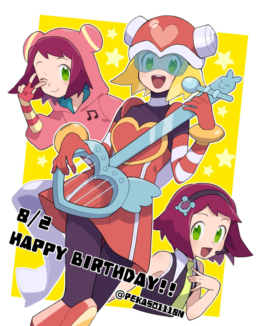 1girl blonde_hair blush capcom commentary_request dated fingerless_gloves gloves green_eyes guitar hairband happy_birthday harp_note heart helmet hibiki_misora highres holding holding_instrument hood hoodie idol instrument looking_at_viewer microphone necktie one_eye_closed open_mouth pekaso1118n rockman ryuusei_no_rockman smile star twitter_username yellow_background