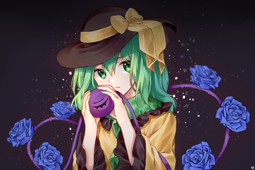 1girl bangs black_background black_headwear blue_flower blue_rose bow cheunes commentary eyebrows_visible_through_hair flower frilled_shirt_collar frilled_sleeves frills green_eyes green_hair hair_between_eyes hands_up hat hat_bow highres holding komeiji_koishi light_particles long_sleeves looking_at_viewer rose shirt short_hair simple_background solo third_eye touhou upper_body wide_sleeves yellow_bow yellow_shirt