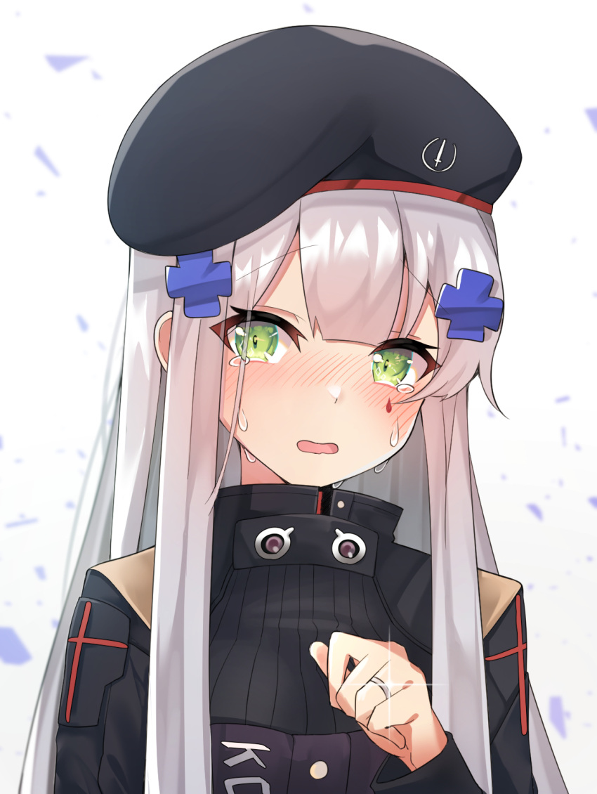 1girl beret black_headwear black_jacket blurry blurry_background blush commentary crying crying_with_eyes_open depth_of_field facial_mark girls_frontline gradient gradient_background green_eyes grey_background hair_ornament hand_up happy_tears hat highres hk416_(girls_frontline) jacket jewelry long_hair long_sleeves looking_at_viewer meow_nyang nose_blush open_mouth ring silver_hair solo tears upper_body wedding_band white_background