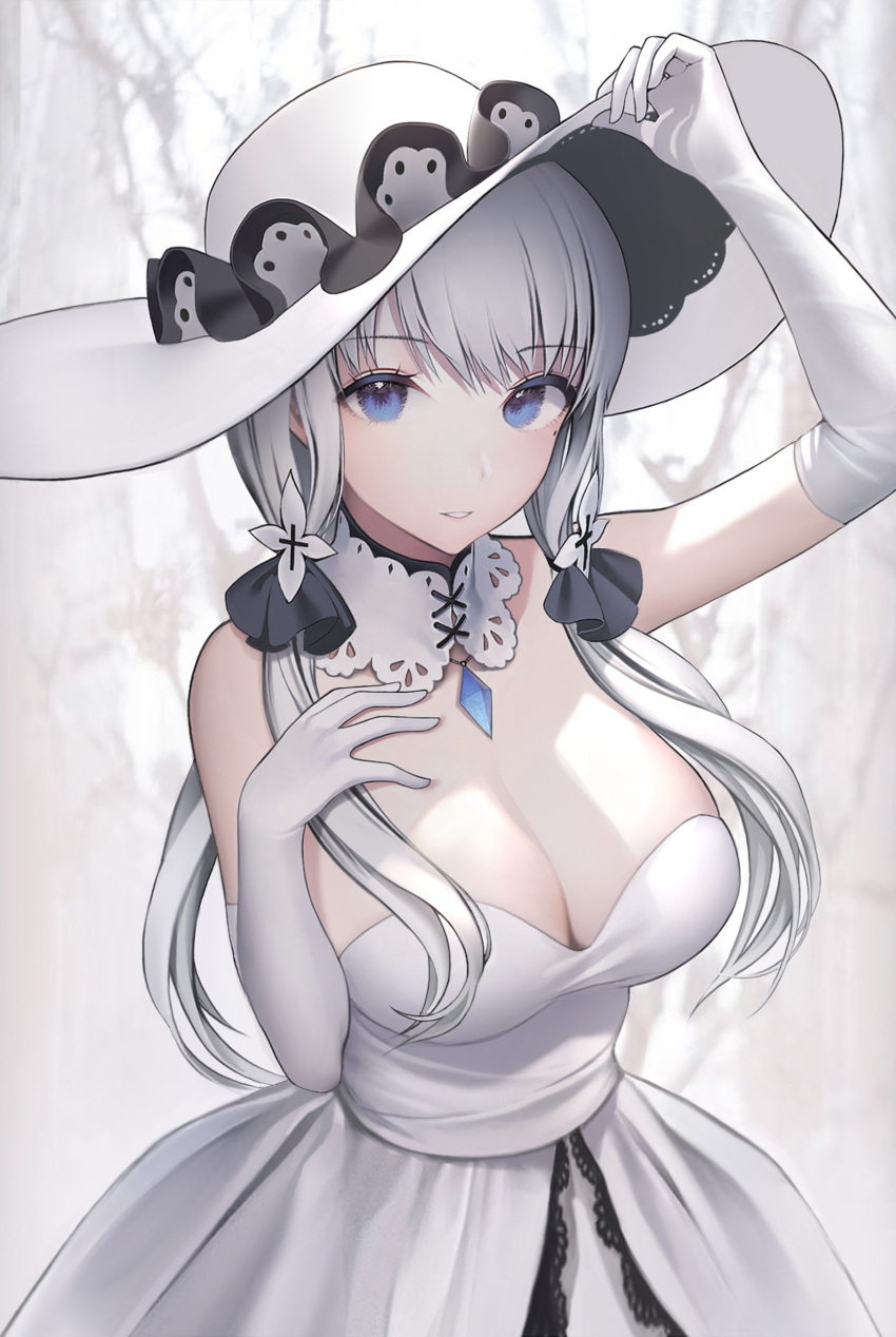 1girl absurdres azur_lane blue_eyes blurry blurry_background breasts dress eat_8971 elbow_gloves forest gloves grey_background hat highres illustrious_(azur_lane) lace_trim large_breasts low_twintails mole mole_under_eye nature solo strapless strapless_dress sun_hat twintails white_dress white_gloves white_hair white_headwear