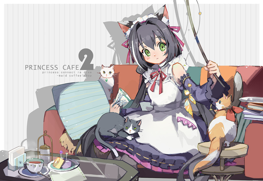 1girl animal animal_ear_fluff apron bangs black_cat black_hair blue_dress blue_sleeves blush book cat closed_mouth commentary_request couch cup detached_sleeves dress drop_shadow eyebrows_visible_through_hair green_eyes hair_between_eyes hair_ribbon kyaru_(princess_connect) long_hair long_sleeves low_twintails maid maid_apron maid_headdress multicolored_hair on_couch pillow princess_connect! princess_connect!_re:dive purple_ribbon ribbon saucer shadowsinking sitting solo steam streaked_hair striped striped_background tea teacup twintails vertical-striped_background vertical_stripes very_long_hair white_apron white_hair wide_sleeves