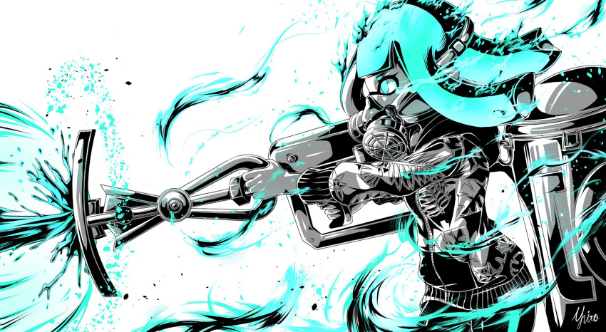 1girl aqua_eyes aqua_hair aqua_theme artist_name bangs bike_shorts blunt_bangs commentary domino_mask from_side highres holding holding_weapon inkling jacket leaf_print light_particles long_hair long_sleeves mask paint_splatter pointy_ears print_skirt respirator signature single_vertical_stripe skirt solo splatoon_(series) splatoon_2 standing sting_ray_(splatoon) tentacle_hair weapon yuito_(yuitokobunasbs0)