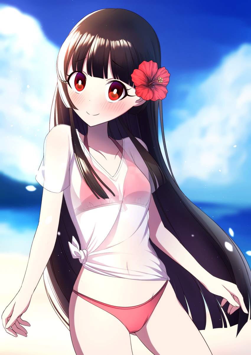 1girl alternate_costume arms_at_sides bangs beach bikini black_hair blue_sky blunt_bangs blush breasts bright_pupils clouds collarbone commentary_request cowboy_shot day eyebrows_visible_through_hair flower hair_flower hair_ornament head_tilt hibiscus highres hime_cut houraisan_kaguya long_hair looking_at_viewer ocean outdoors red_bikini red_eyes see-through shiny shiny_hair shirt sky small_breasts smile solo standing swimsuit t-shirt thigh_gap touhou tsukimirin white_pupils