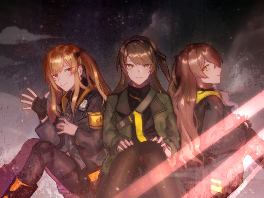 3girls 404_logo_(girls_frontline) absurdres armband artist_request boots brown_hair commentary_request fingerless_gloves girls_frontline gloves highres huge_filesize jacket knee_pads multiple_girls no_scar siblings sisters sitting twins twintails ump40_(girls_frontline) ump45_(girls_frontline) ump9_(girls_frontline) yellow_eyes