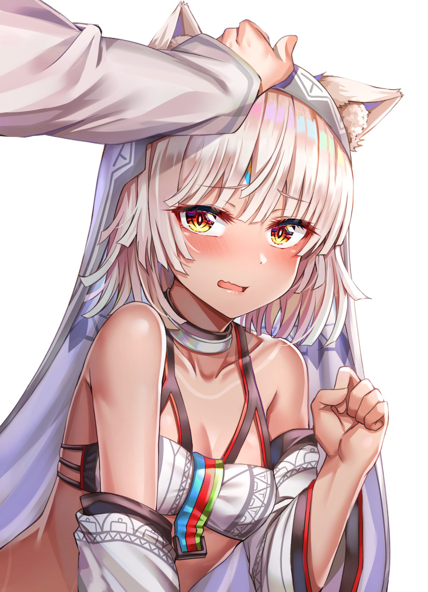 1girl absurdres altera_(fate) animal_ear_fluff animal_ears bandeau bare_shoulders blush breasts cat_ears collar collarbone commentary detached_sleeves fate/grand_order fate_(series) heart highres kemonomimi_mode long_sleeves looking_at_viewer open_mouth orange_eyes petting short_hair silver_hair simple_background small_breasts solo sunhyun upper_body veil wavy_mouth white_background