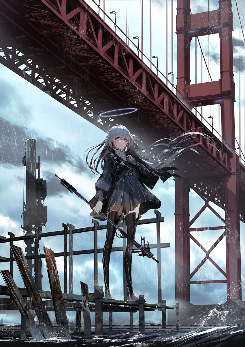 1girl bangs black_jacket blue_sky bridge closed_mouth clouds cloudy_sky commentary day dress eyebrows_visible_through_hair floating_hair grey_dress hair_between_eyes halo hand_up highres holding holding_weapon jacket long_hair long_sleeves open_clothes open_jacket original outdoors pier pleated_dress puffy_long_sleeves puffy_sleeves rain scenery short_dress silver_hair sky solo standing swav v-shaped_eyebrows very_long_hair violet_eyes water waves weapon