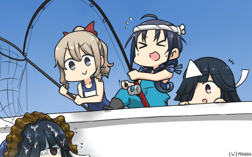 &gt;_&lt; 3girls black_hair blue_eyes blue_hair blue_sky brown_eyes commentary_request dated drill_hair dual_persona fishing_net fishing_rod ghost gradient_sky hair_between_eyes hair_ornament hair_over_one_eye hair_ribbon hamu_koutarou hatakaze_(kantai_collection) hayashimo_(kantai_collection) headband highres kantai_collection light_brown_hair long_hair low_twintails multiple_girls name_tag ponytail red_ribbon ribbon school_swimsuit seaweed sky smile suzukaze_(kantai_collection) swimsuit triangular_headpiece twintails very_long_hair