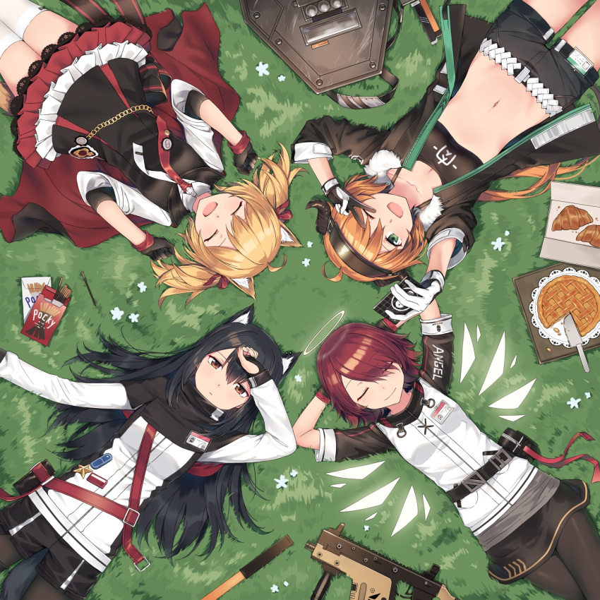 4girls animal_ears arknights arms_behind_head cellphone closed_eyes croissant croissant_(arknights) exusiai_(arknights) fingerless_gloves food from_above gloves grass gun hand_on_forehead highres horns jacket kataokasan lying multiple_girls name_tag on_back one_eye_closed phone pie pocky self_shot sora_(arknights) submachine_gun tail texas_(arknights) v weapon wings