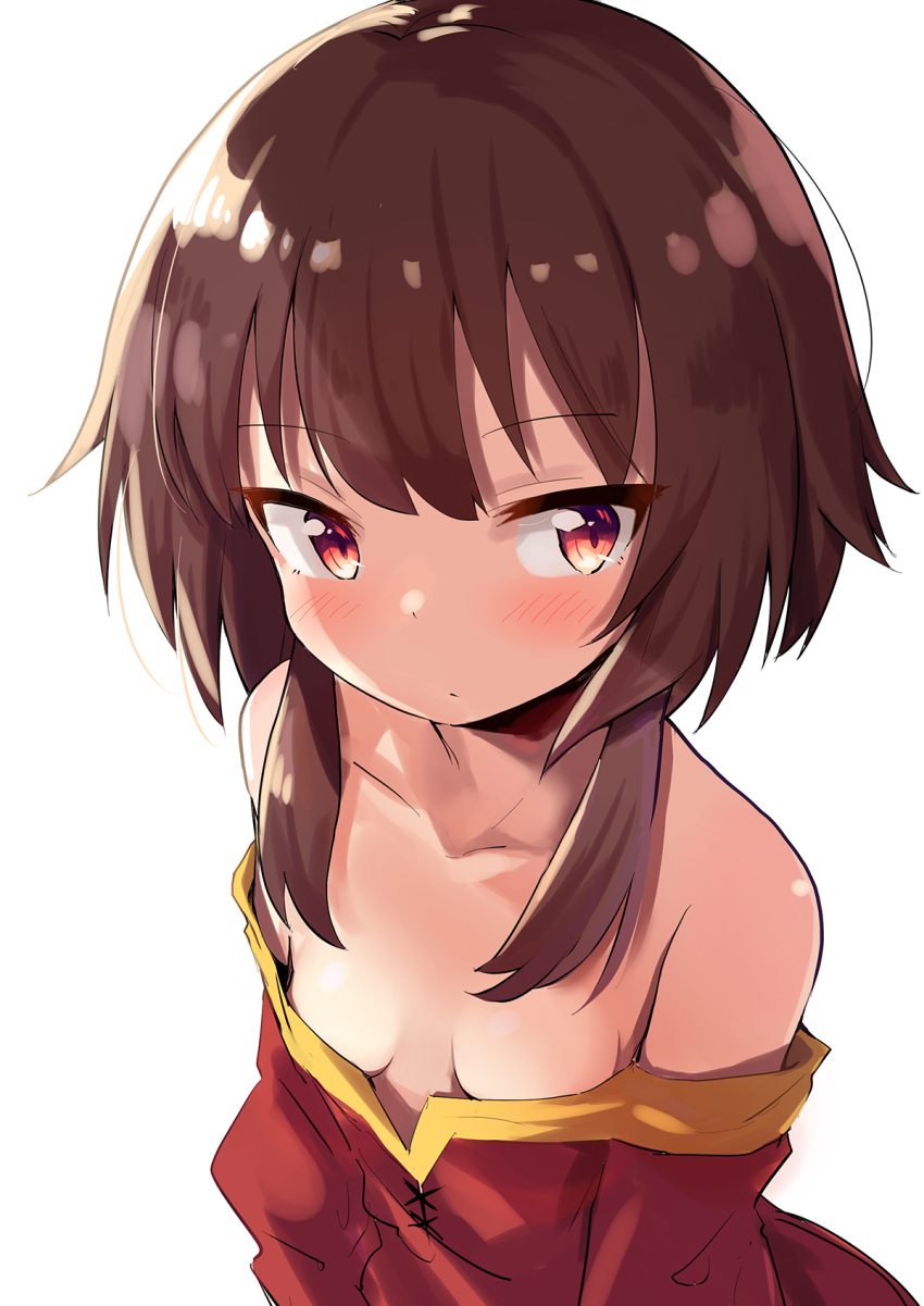 1girl bare_shoulders breasts brown_hair dress half-closed_eyes haru_(renol) highres kono_subarashii_sekai_ni_shukufuku_wo! megumin no_bra off_shoulder red_eyes simple_background small_breasts solo upper_body white_background