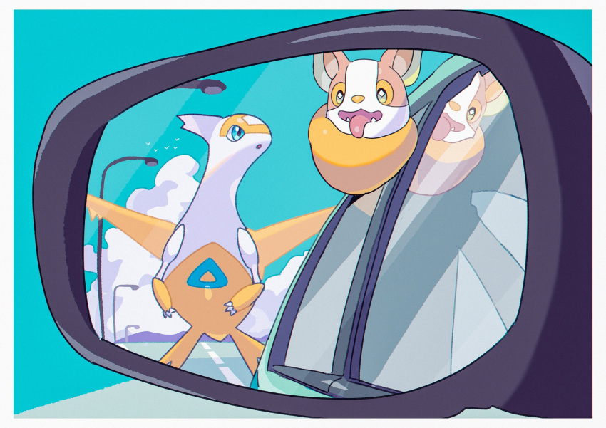 alternate_color bird blue_eyes border car claws clouds commentary_request fangs gen_3_pokemon gen_8_pokemon green_eyes ground_vehicle highres lamppost latias legendary_pokemon looking_at_another mirror motor_vehicle no_humans open_mouth parted_lips pokemon pokemon_(creature) rear-view_mirror reflection saiku_(zvlku) shiny shiny_pokemon tongue tongue_out white_border window yamper