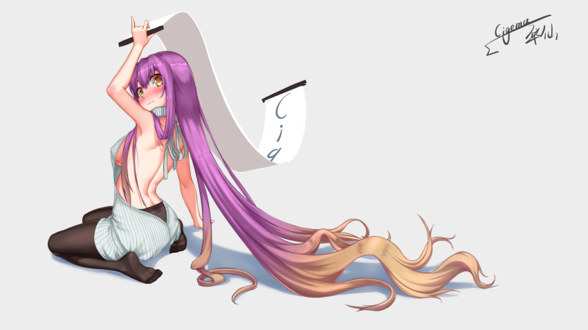 1girl 3: absurdly_long_hair absurdres alternate_costume arm_support arm_up armpits artist_name backless_outfit bangs bare_back black_legwear blush brown_eyes brown_hair chinese_commentary cigema_huaxian commentary_request from_behind full_body gradient_hair grey_background grey_sweater hair_between_eyes head_tilt highres hijiri_byakuren holding holding_scroll long_hair looking_at_viewer looking_back meme_attire multicolored_hair no_shoes nose_blush pantyhose purple_hair ribbed_sweater scroll shadow sidelocks signature simple_background sitting solo sweater thighs touhou turtleneck turtleneck_sweater very_long_hair virgin_killer_sweater wariza